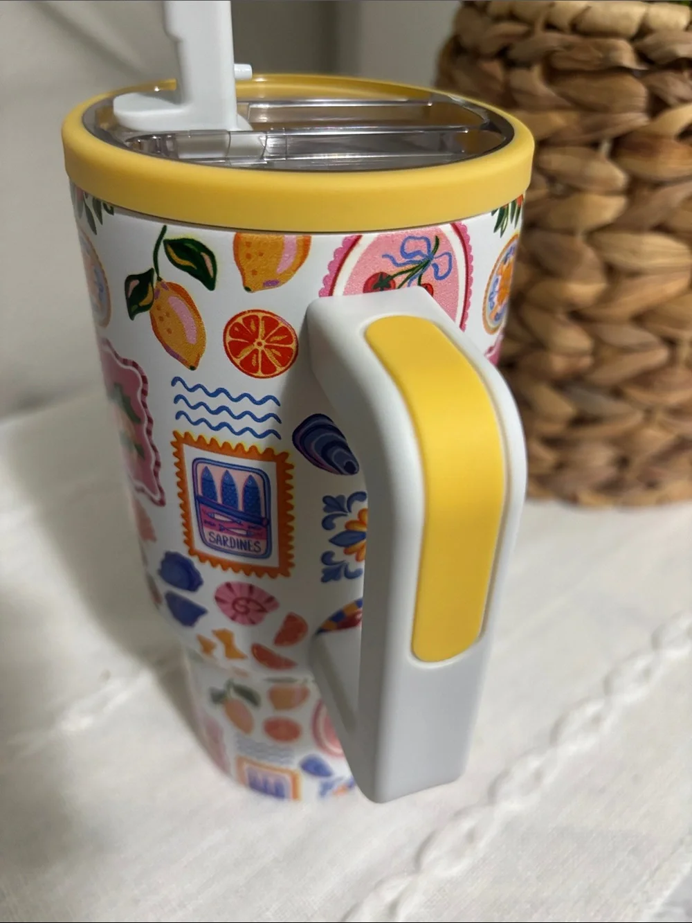 Colorful Fruit & Floral Insulated Travel Mug with Yellow Lid
